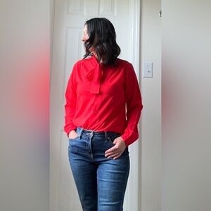 Long-Sleeve Red Tie-Neck Blouse for Women